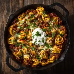 A top-down view of the beef enchilada tortellini casserole in a baking dish. The top is golden brown with melted cheese, and a serving has been scooped out.