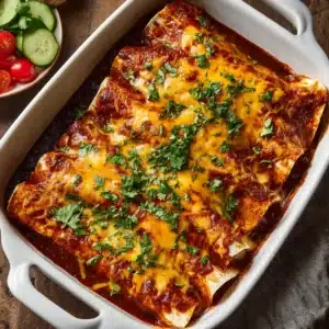 A close-up shot of cheesy chicken enchiladas in a baking dish, showing the texture of the red enchilada sauce and melted cheddar cheese.