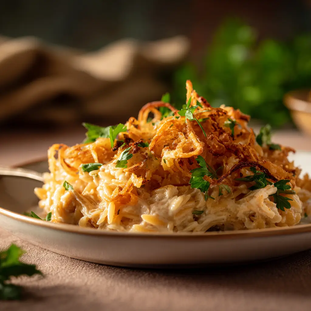 A scoop of the cheesy orzo recipe being lifted from the skillet, showing an irresistible cheese pull.