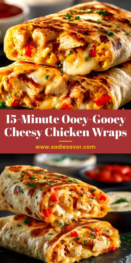 A close-up shot of two golden-brown Cheesy Garlic Chicken Wraps, cut in half to show the gooey melted cheese and chicken filling, ready to be eaten.