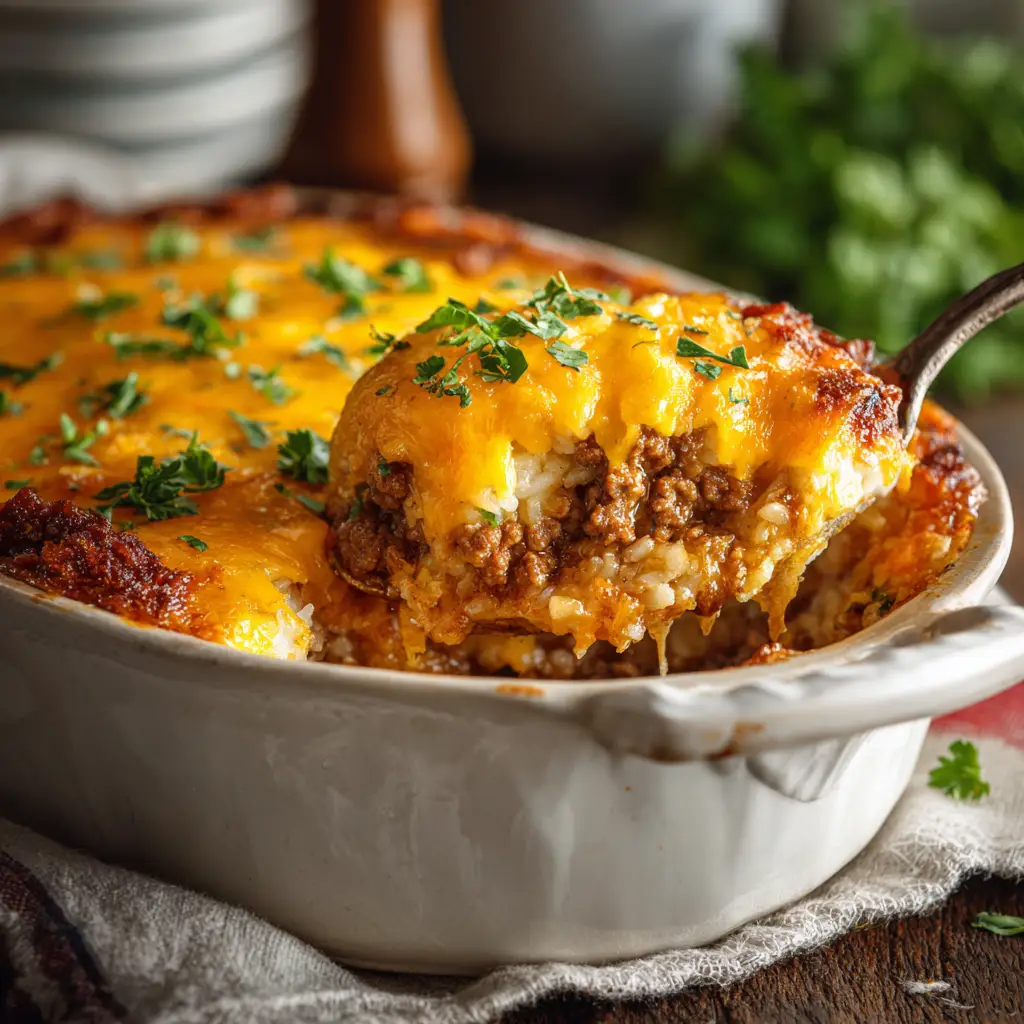 A scoop of cheesy hamburger and rice casserole being lifted from a baking dish with a spatula.