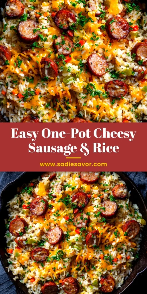 A delicious one-pan Cheesy Sausage and Rice skillet topped with fresh parsley. This easy 30-minute meal is perfect for a busy weeknight dinner.