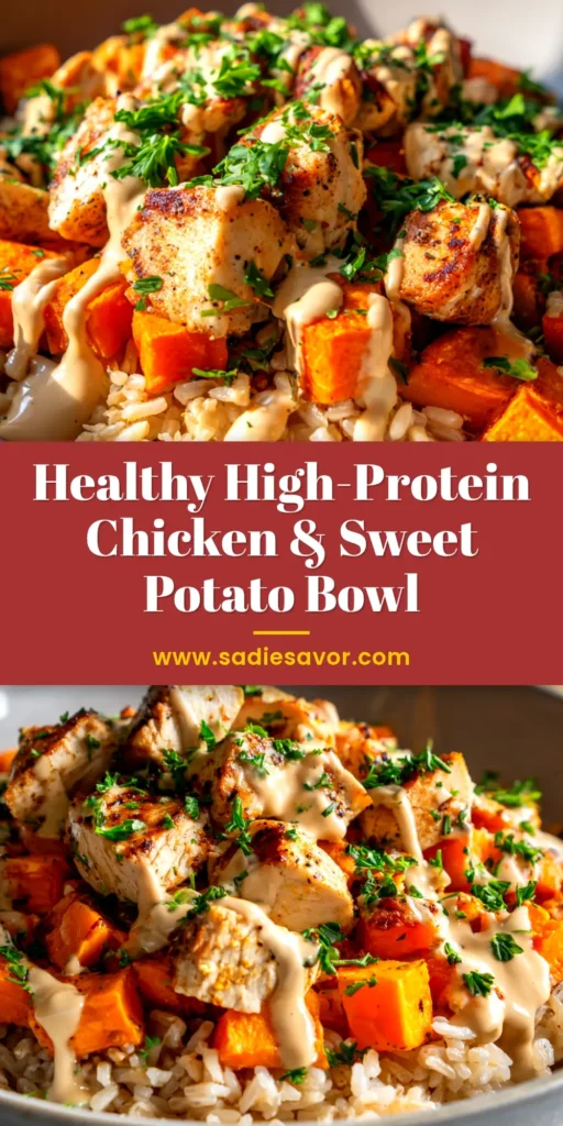 An overhead shot of a healthy Chicken and Sweet Potato Bowl, loaded with spiced chicken, roasted sweet potatoes, black beans, and avocado in a white bowl.