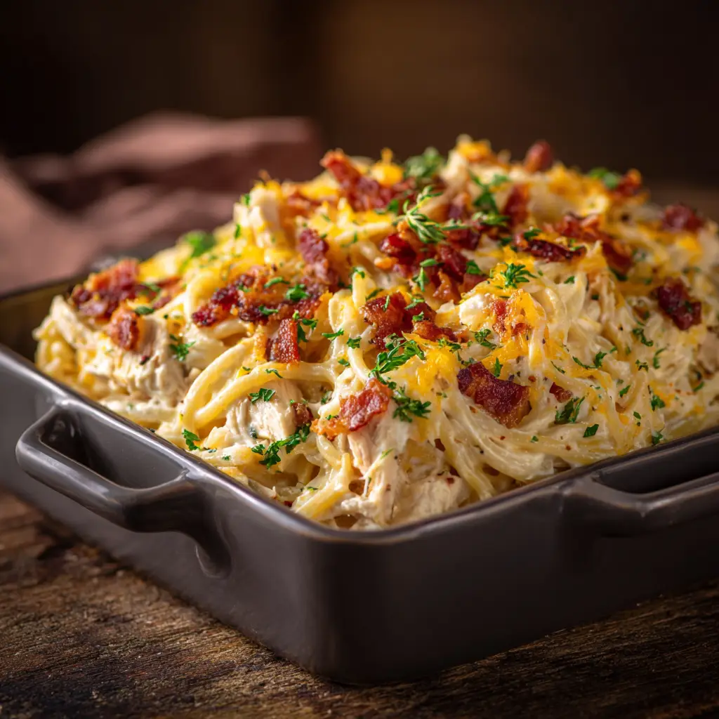 A serving of the cheesy chicken bacon ranch spaghetti bake on a plate, garnished with fresh green onions, ready to eat.