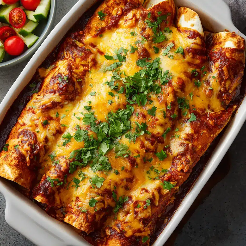 A serving of two chicken enchiladas on a white plate, topped with a dollop of sour cream and fresh cilantro.
