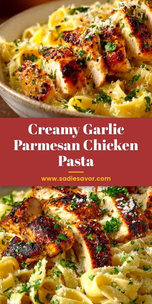 A large white bowl filled with creamy Chicken Garlic Parmesan Pasta, garnished with fresh parsley and extra parmesan. A fork is resting on the side of the bowl.