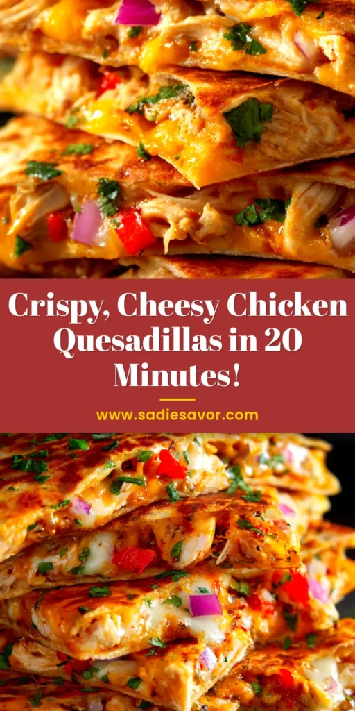 A delicious and easy chicken quesadilla recipe, sliced into wedges and served on a plate. The quesadilla is golden brown and filled with cheese and chicken.