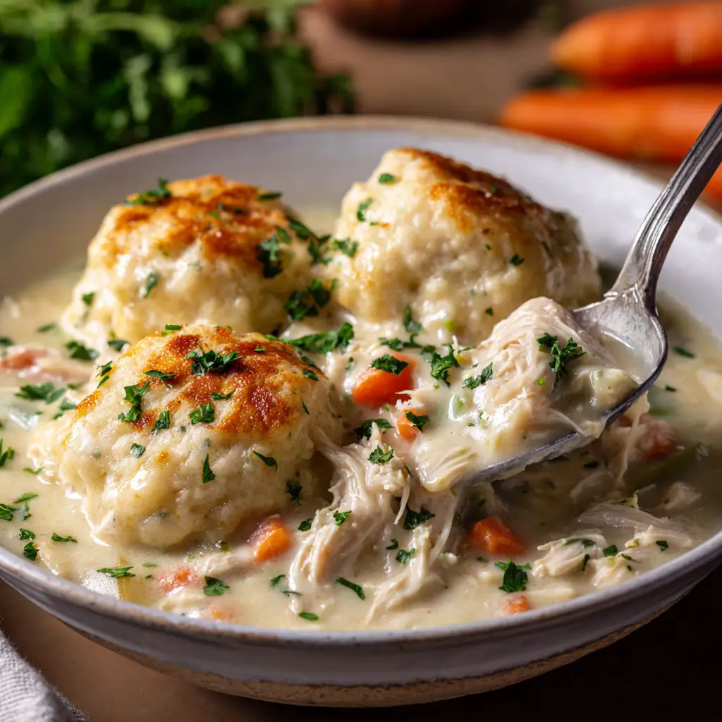 A side view of the chicken and dumpling stew simmering in a Dutch oven before the dumplings are added, showing the shredded chicken and vegetables.