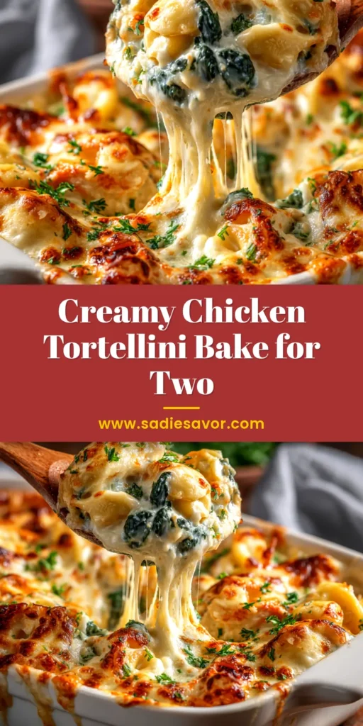 A delicious and cheesy Chicken Tortellini Bake in a white casserole dish, ready to be served. The perfect easy weeknight dinner idea.