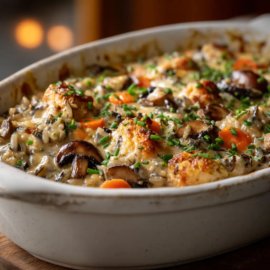 The key ingredients for a chicken wild rice casserole from scratch, including chicken, wild rice blend, mushrooms, and fresh vegetables.
