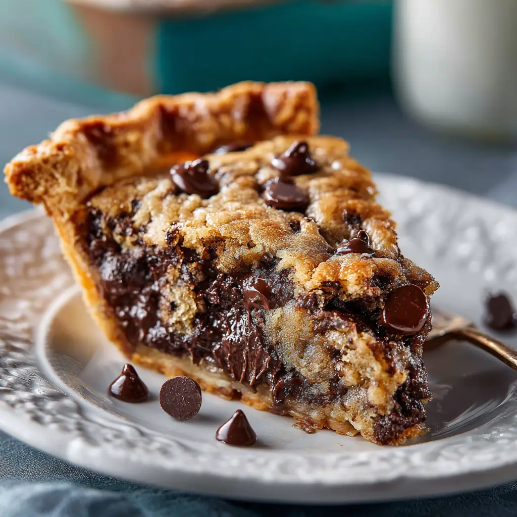 The cookie dough for the chocolate chip cookie pie spread evenly in a 9-inch pie dish before baking, showing the plentiful chocolate chips.