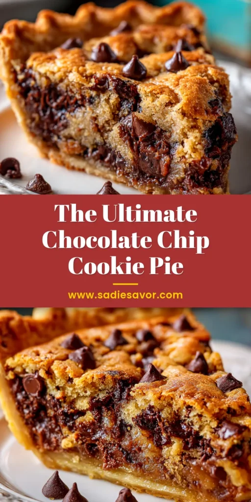 A gooey, golden-brown chocolate chip cookie pie in a pie dish, with a slice taken out to show the melted chocolate chip center. The perfect easy dessert recipe.