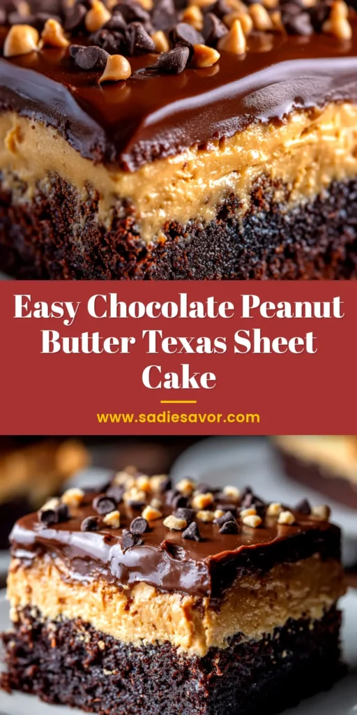 A perfect slice of Chocolate Peanut Butter Texas Sheet Cake on a white plate, showcasing the moist chocolate cake and thick, creamy peanut butter frosting.