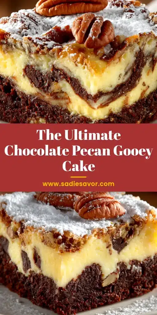 A delectable slice of Chocolate Pecan Ooey Gooey Butter Cake on a white plate, showcasing its gooey center and pecan-studded top.