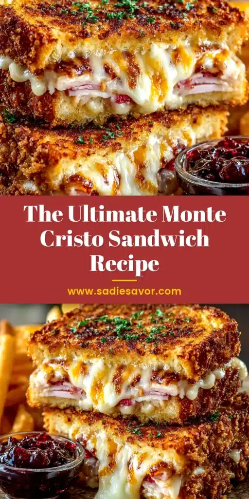 A delicious Monte Cristo Sandwich cut in half and stacked, dusted with powdered sugar, with a side of raspberry jam for dipping.