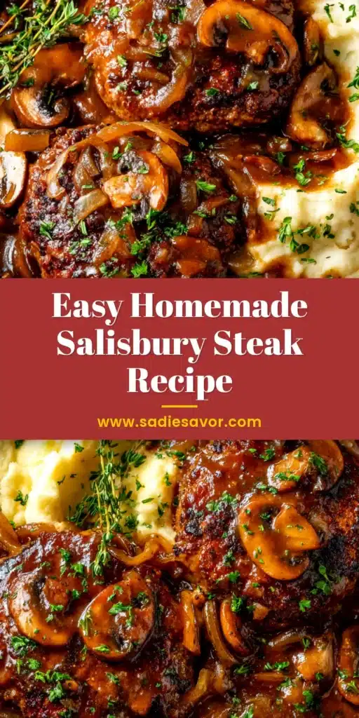 A close-up of a homemade Salisbury Steak Recipe, showing a juicy beef patty covered in rich mushroom and onion gravy, served over mashed potatoes.