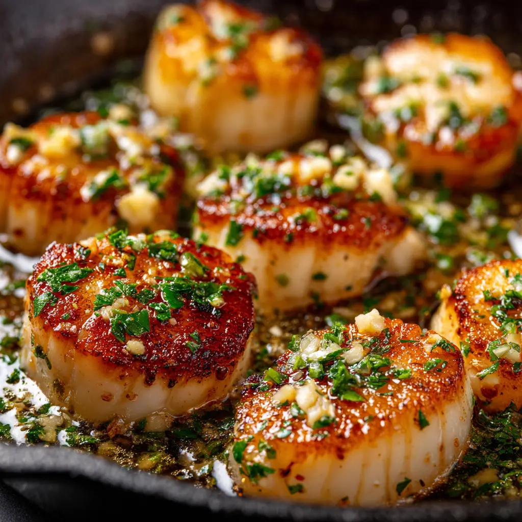 A pan of seared scallops being basted with garlic butter sauce. This garlic butter scallops recipe is full of flavor and incredibly easy to make.