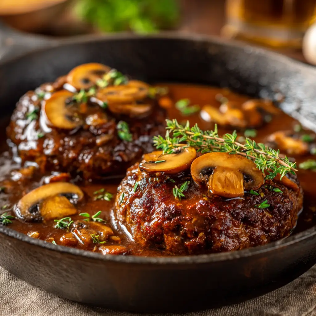 The process of making Salisbury steak, showing the beef patties simmering in the skillet with the onions and mushrooms.