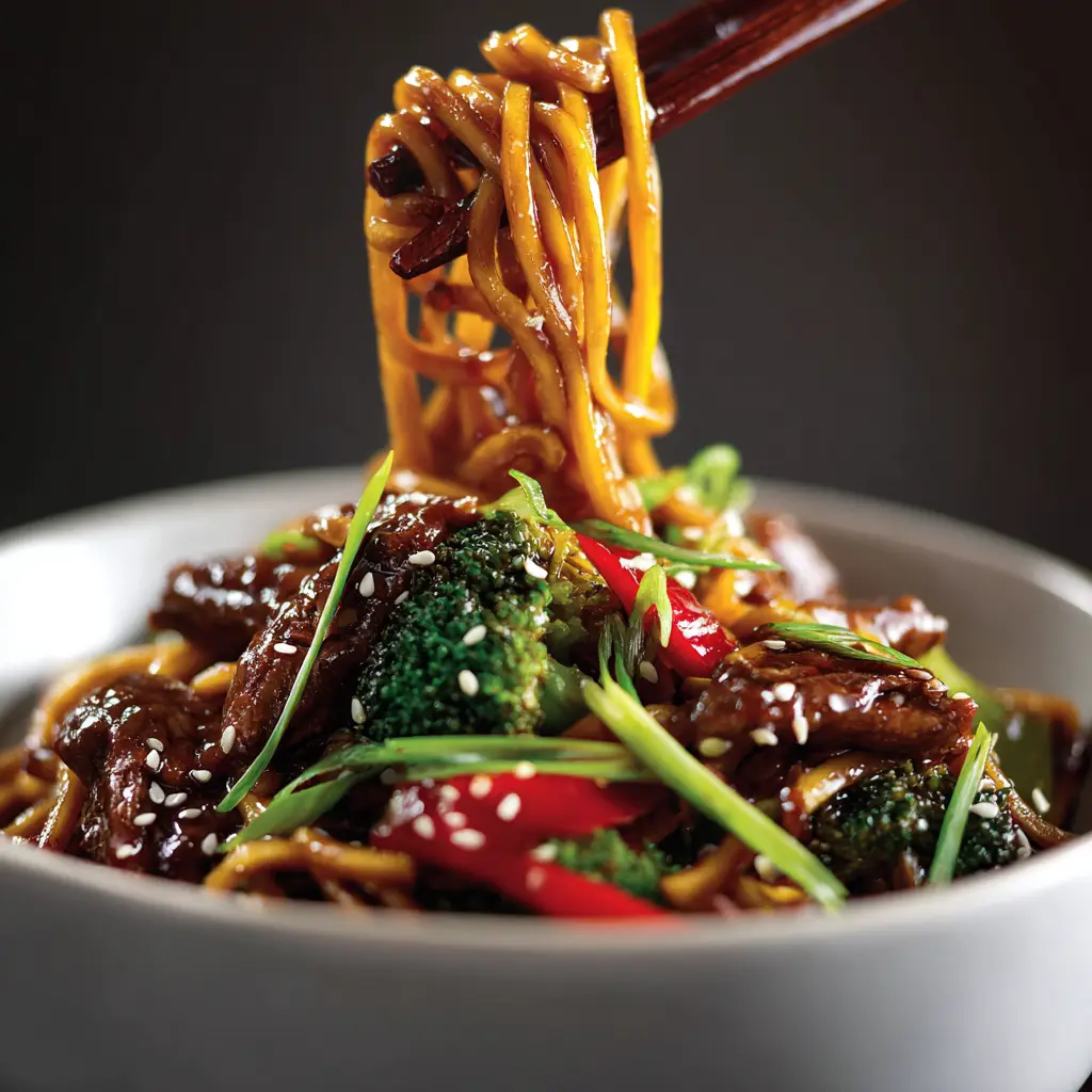 A dynamic action shot of sticky beef noodles being tossed in a wok, with ingredients like beef and green onions clearly visible.