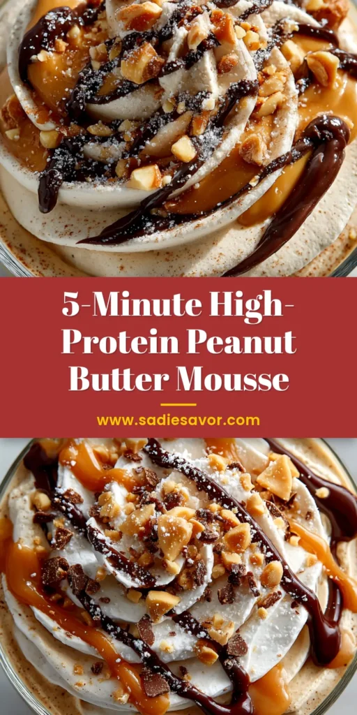 A shareable pin image of creamy cottage cheese peanut butter mousse served in a glass with a peanut butter drizzle and crushed peanuts.