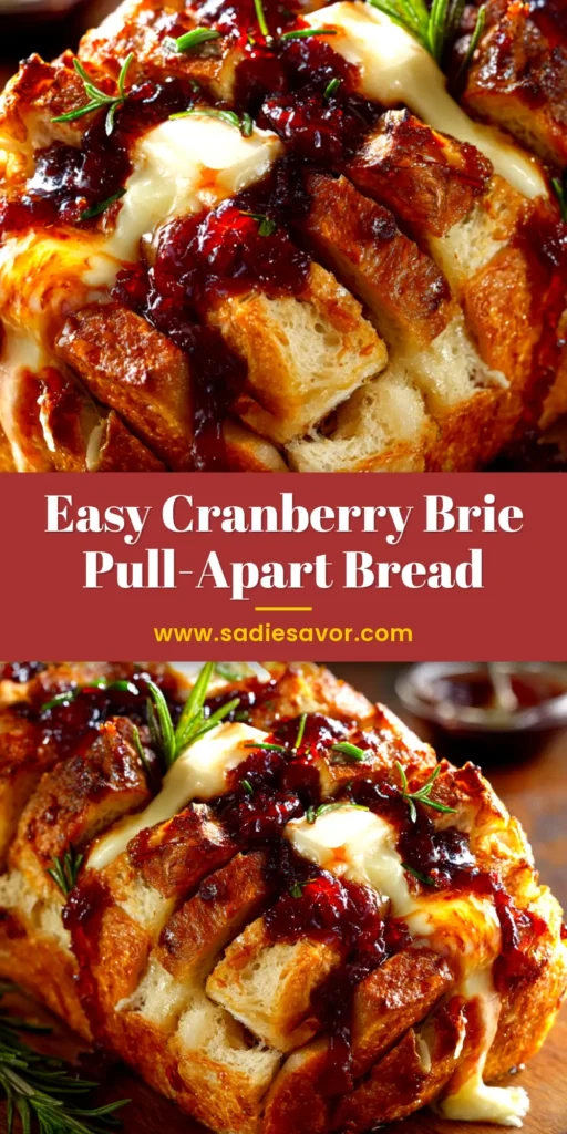 An overhead shot of festive Cranberry Brie Pull-Apart Bread on a wooden board, showcasing gooey melted brie and tart cranberries. The perfect holiday appetizer.