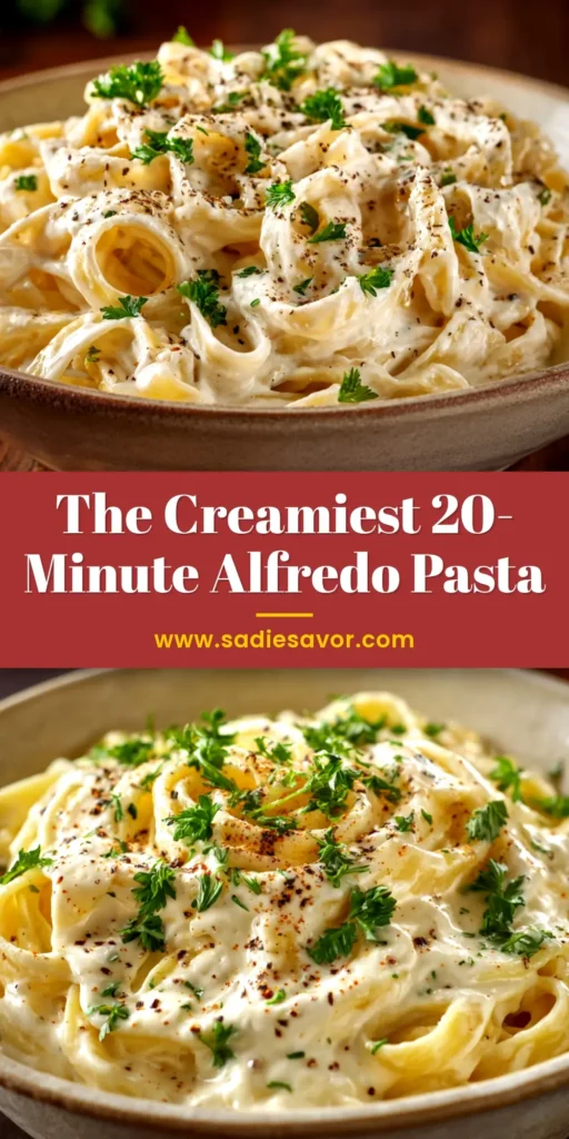 A stunning overhead shot of Cream Cheese Alfredo in a white bowl, garnished with fresh parsley. The title reads 'The Easiest Cream Cheese Alfredo'.