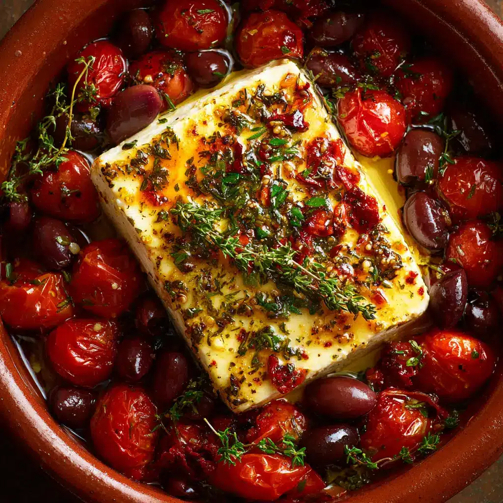 A close-up, overhead view of a rustic terracotta dish with a baked feta appetizer, showing burst cherry tomatoes and melted feta cheese.
