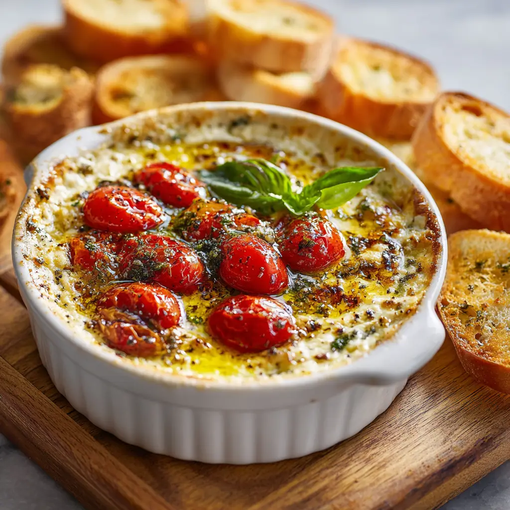 Baked Goat Cheese Bruschetta Dip with Balsamic Glaze 2 An eye-level close-up shot of creamy Baked Goat Cheese Bruschetta Dip in a white baking dish, showcasing the vibrant colors of the tomato and basil topping.