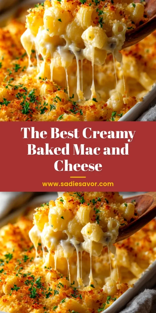 A large rectangular dish of creamy baked mac and cheese with a golden-brown, crispy breadcrumb topping, ready to be served.