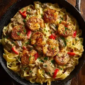 A close-up shot of creamy blackened shrimp pasta, showing the texture of the stroganoff sauce coating the egg noodles and shrimp.