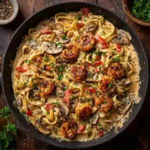 A close-up shot of a fork twirling egg noodles and a piece of blackened shrimp from a bowl of creamy shrimp stroganoff, highlighting the texture of the sauce.