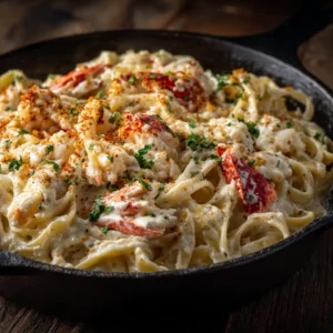 A close-up of spicy seafood pasta in a creamy Cajun sauce, showing tender shrimp and fettuccine noodles.