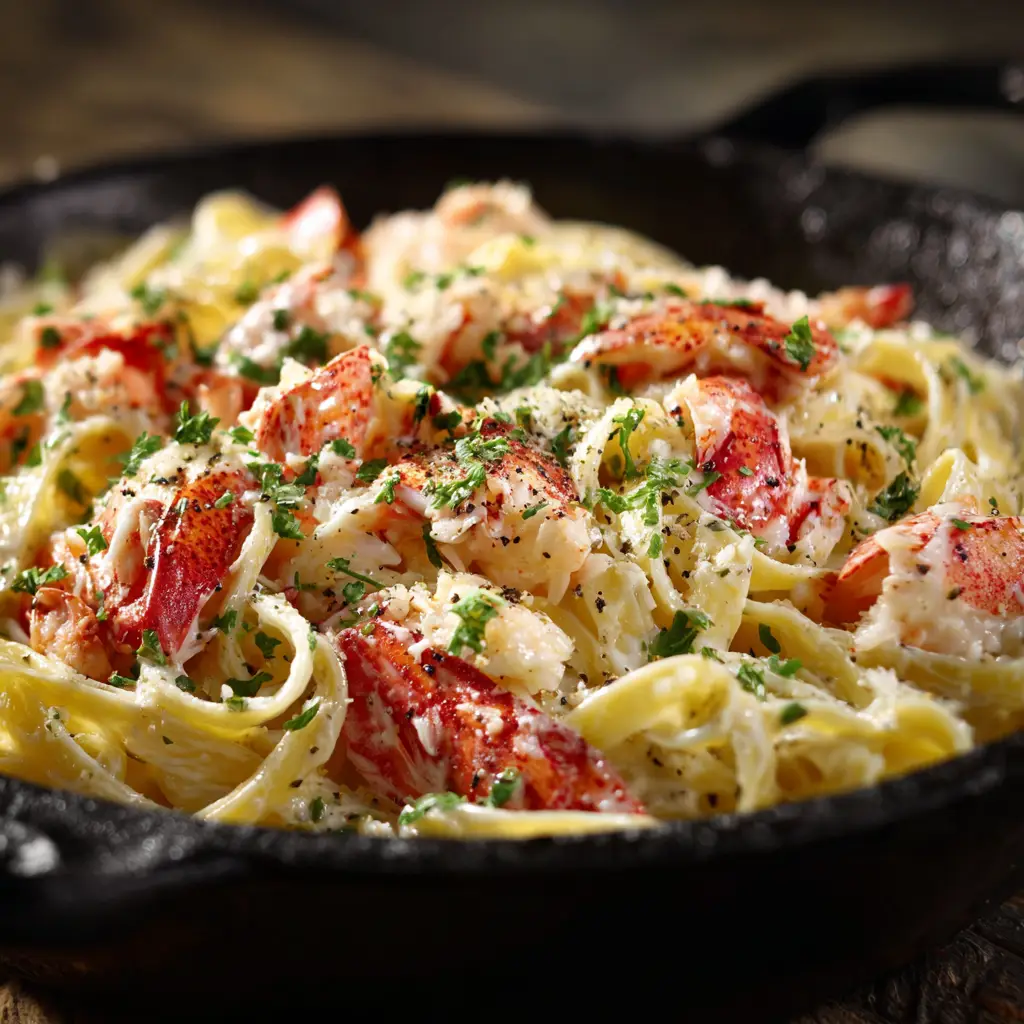 A fork twirling fettuccine from a bowl of creamy Cajun shrimp and scallop pasta, with a piece of tender shrimp visible.