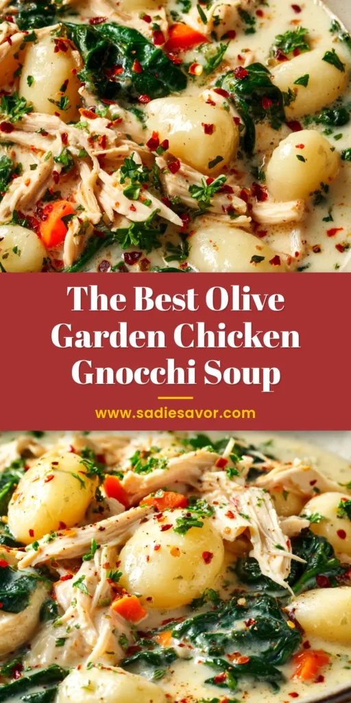 A large white bowl filled with creamy chicken gnocchi soup, with visible pieces of chicken, gnocchi, carrots, and spinach. A spoon rests in the bowl.