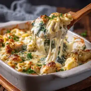 A close-up spoonful of the creamy chicken tortellini bake, showing the melted cheese and rich sauce.