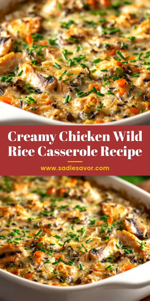 A delicious and creamy Chicken Wild Rice Casserole in a white baking dish, ready to be served. This from-scratch recipe is the ultimate comfort food.