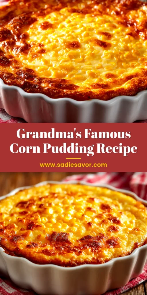 A delicious and creamy corn pudding recipe baked in a white casserole dish, with a spoonful scooped out to show the rich texture. The perfect holiday side dish.