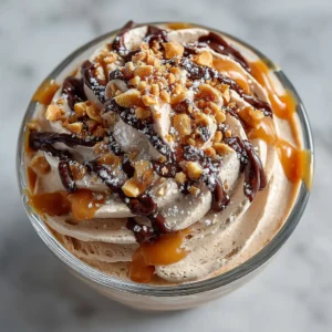 A close-up shot of the velvety smooth, high-protein peanut butter mousse in a clear dessert glass, showcasing its creamy texture.