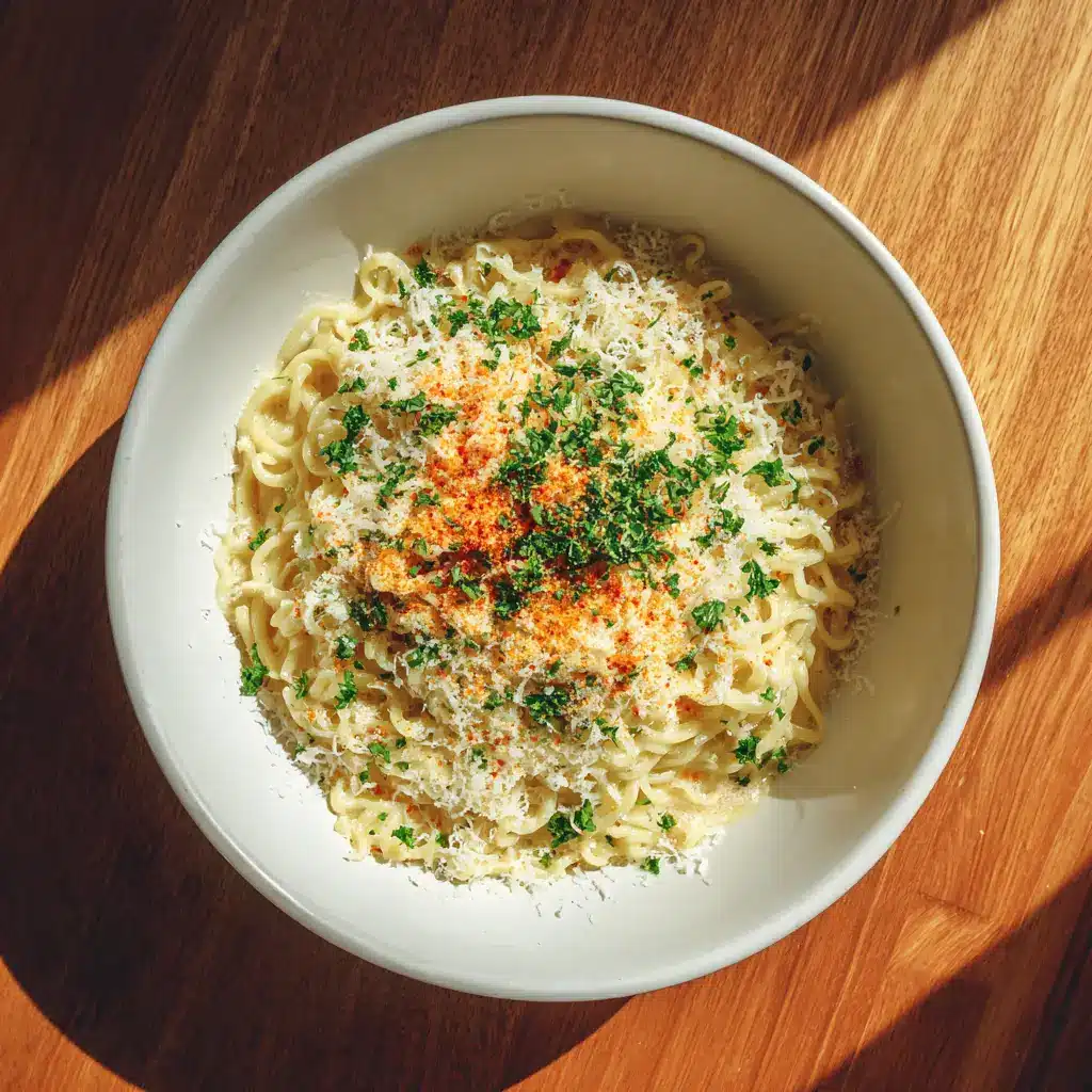Garlic Parmesan Ramen (The Creamiest 15-Minute Recipe!) 2 An overhead view of a bowl of creamy garlic ramen noodles, showing the rich texture of the parmesan sauce and garnished with parsley.