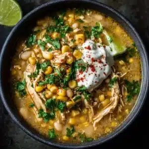 An overhead close-up shot of a dark bowl filled with creamy elote chili, showcasing the tender chicken and white beans in a rich broth.