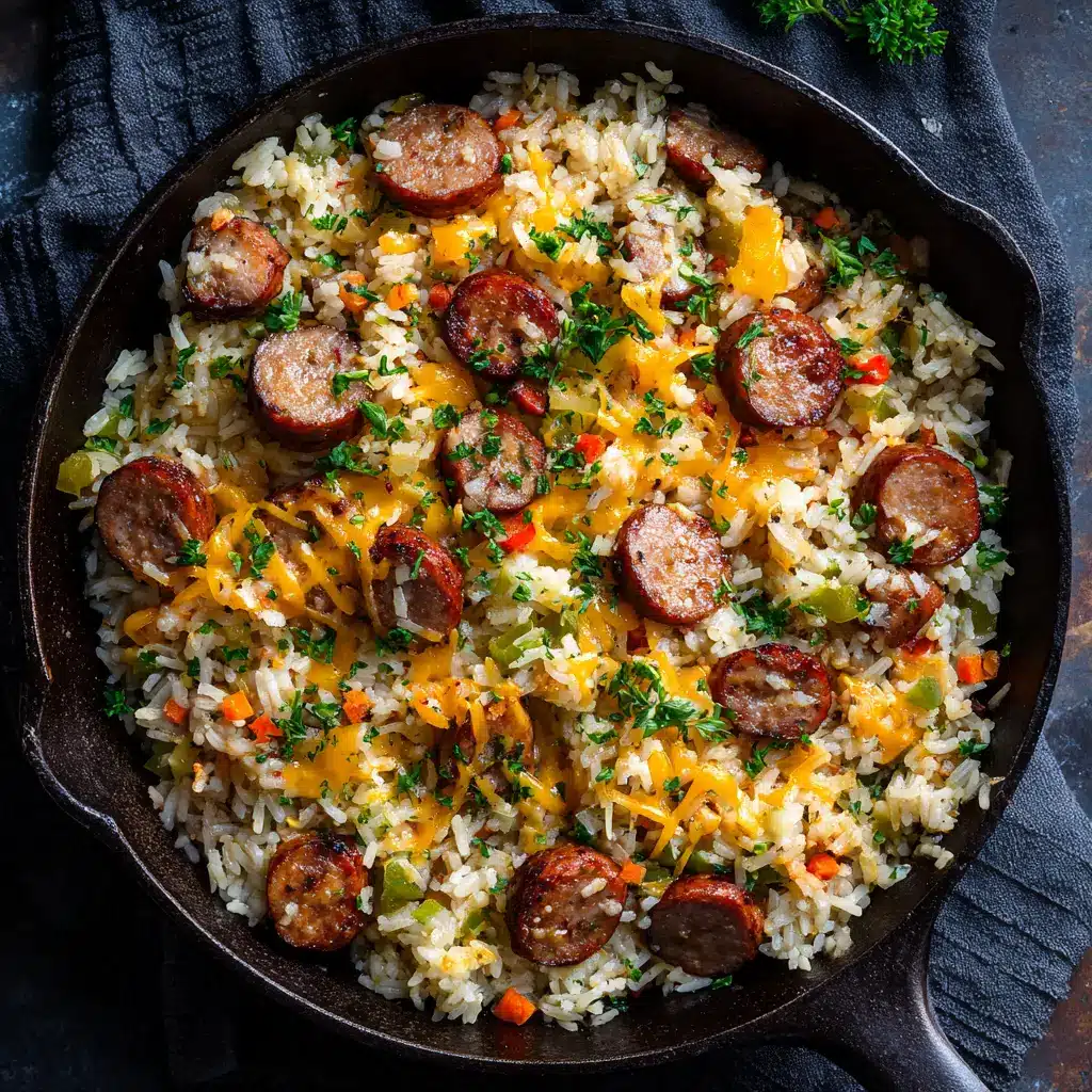 A spoonful of the creamy sausage and rice skillet being lifted from the pan, showing the gooey cheese stretch.