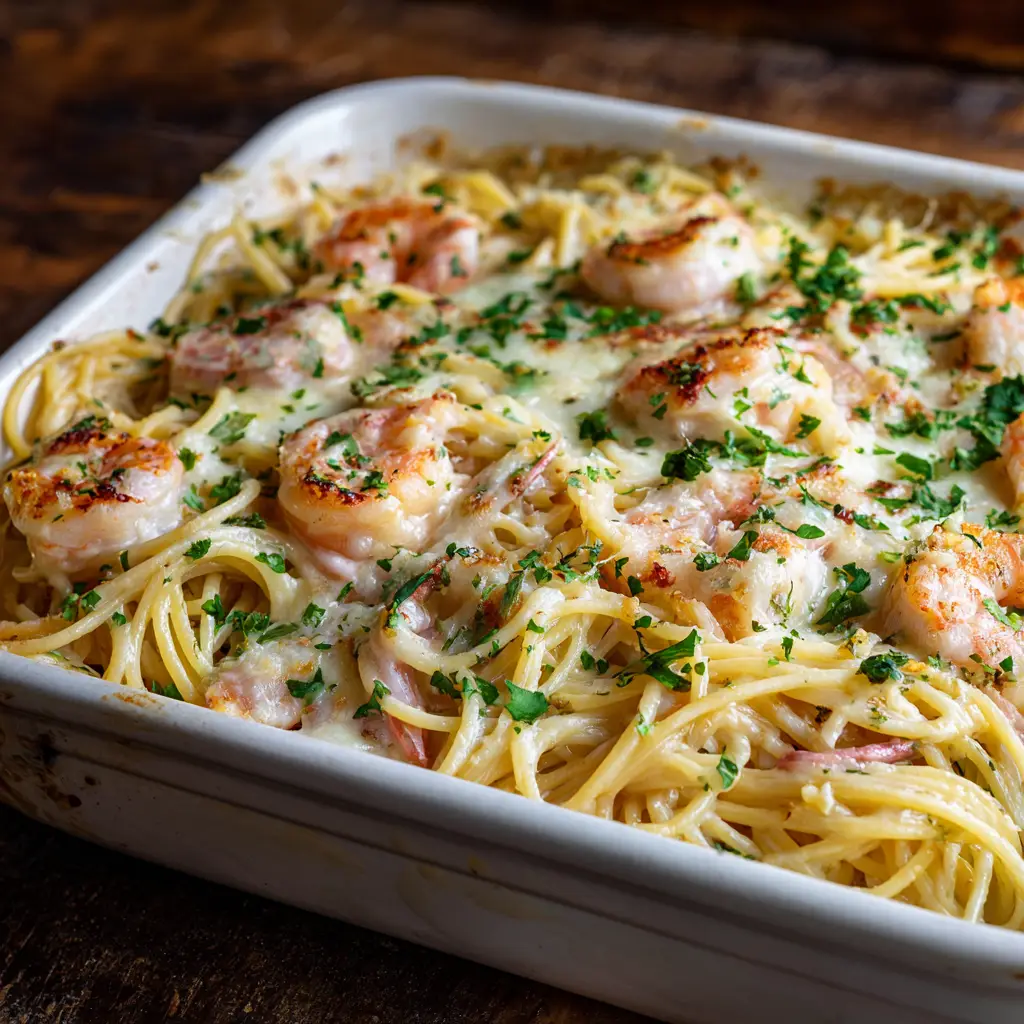 A close-up view of the creamy garlic shrimp pasta bake, showing individual shrimp and pasta coated in a rich, luscious sauce.