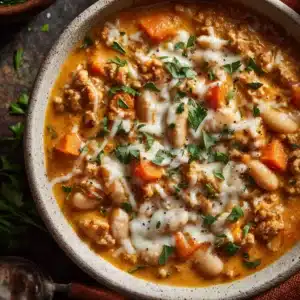 An overhead close-up shot of a bowl of thick and hearty creamy turkey pumpkin chili, garnished with a swirl of sour cream and fresh herbs.