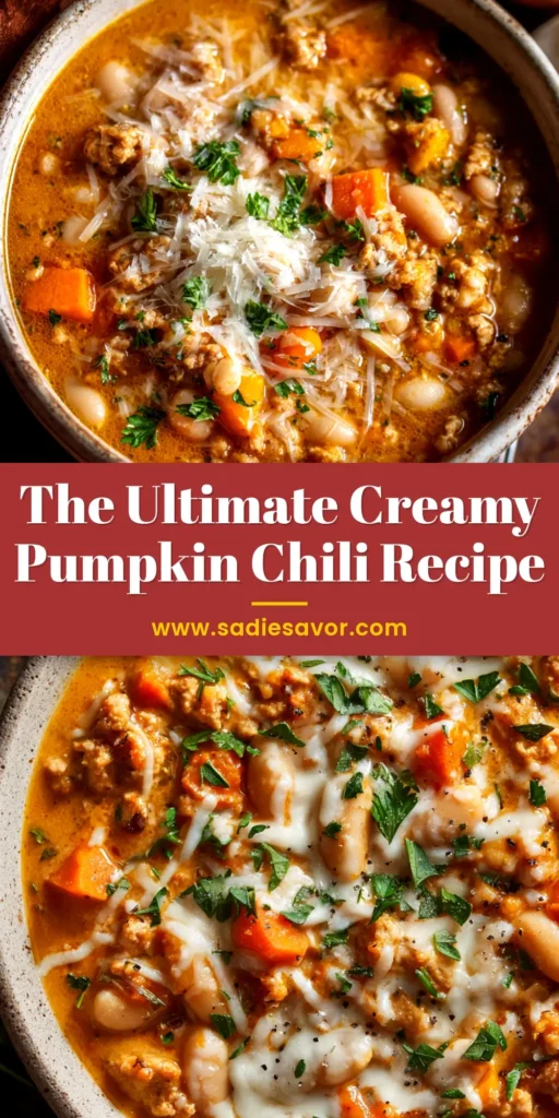 A bowl of creamy turkey pumpkin chili topped with sour cream, cilantro, and shredded cheese, with a title overlay for Pinterest.