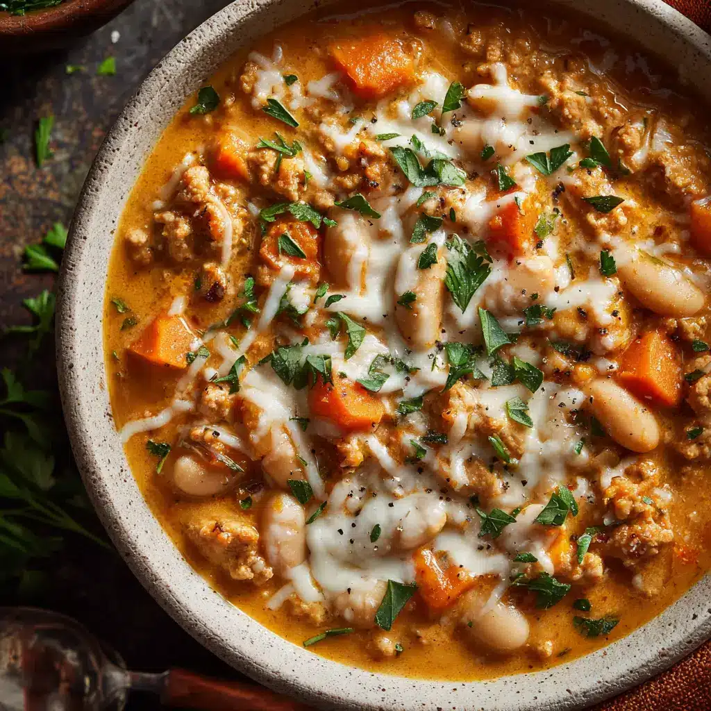 A spoonful of creamy pumpkin chili being lifted from a bowl, showing the thick consistency and ingredients like turkey and beans.