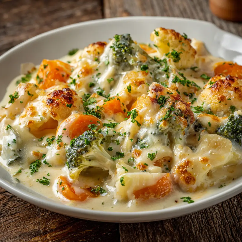 A serving of the creamy vegetable casserole on a plate, showcasing the perfectly cooked and tender winter vegetables in a rich sauce.