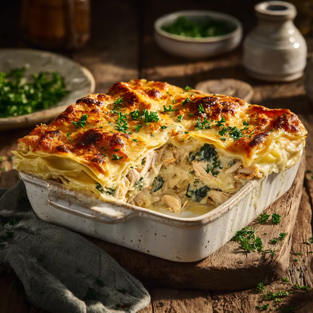 A close-up shot of a perfect slice of creamy white chicken lasagna on a plate, showing the distinct layers of pasta, chicken, and rich white sauce.
