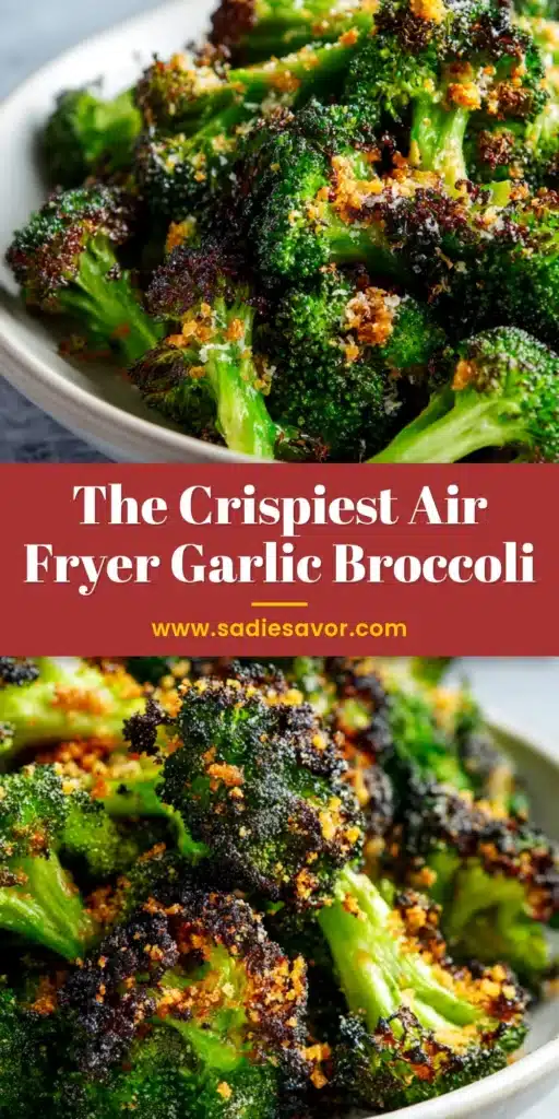 A bowl of perfectly crispy air fryer broccoli, seasoned and ready to serve. The broccoli is slightly charred on the edges, showcasing its delicious texture.