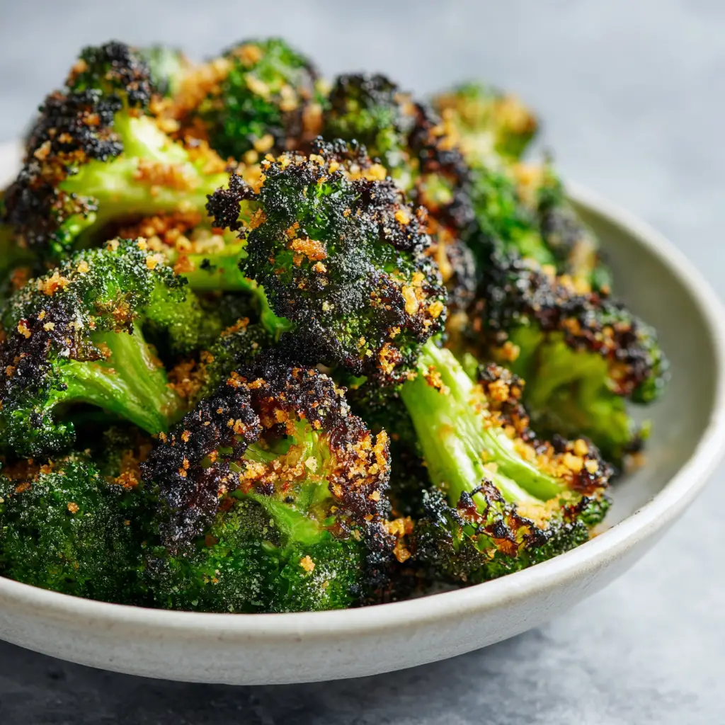 An extreme close-up of crispy air fryer roasted broccoli, showing the detailed texture and slight char on the florets.