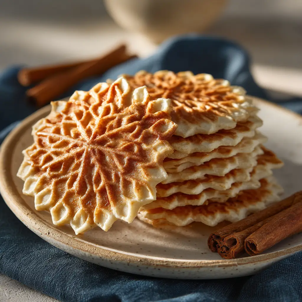 A close-up shot of a single Anise Pizzelle cookie resting on a dark surface, highlighting its thin, lace-like details.